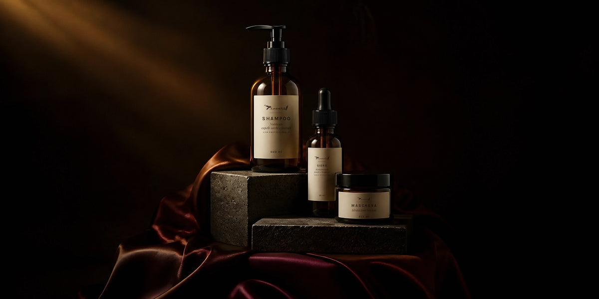 Shampoo, siero e maschera Piacersi in vetro ambrato su pietra scura, con seta color vinaccia e luce calda radente